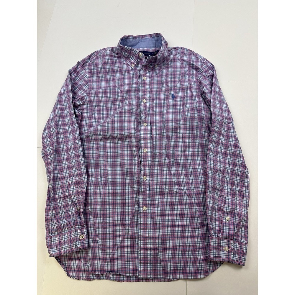 Ralph Lauren Mens Medium Slim Fit Plaid Button Down Shirt Blue Pink Cotton